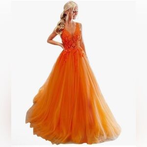 Woman’s size 12 orange Floral A Line deep v neck prom long tulle ball gown New